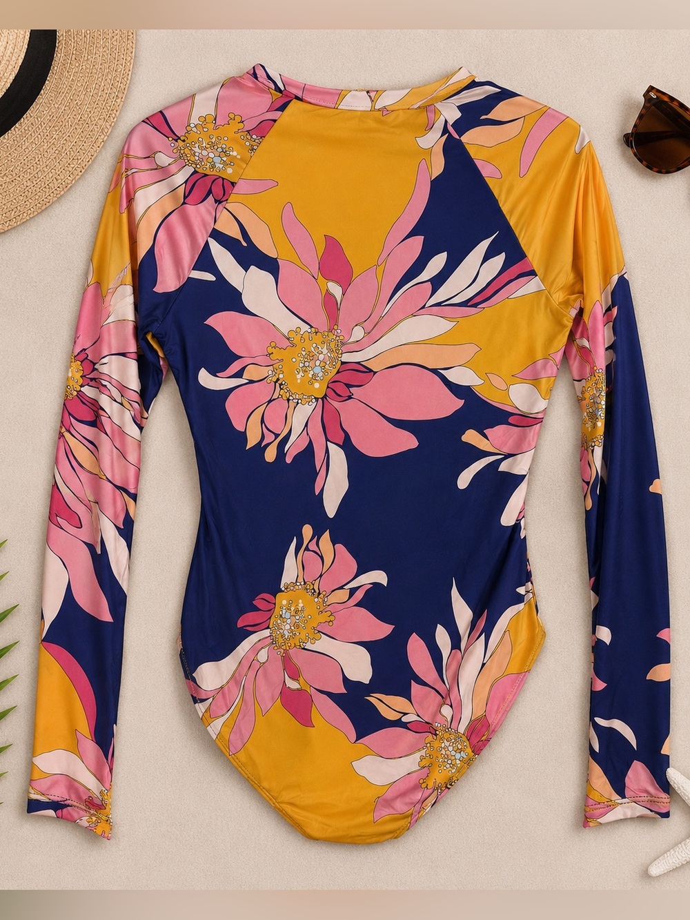 Trina Turk Floral Long Sleeve Rash Guard One Piece Swimsuit Large L Zip Front - Picture 6 of 9